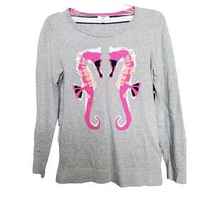 Crown & Ivy Petite 100% Cotton Gray Seahorses Lightweight Pullover Sweater Sz PS